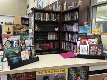 Greenville, CA: front desk of the library created by you and other generous readers. Photo by Margaret Garcia, 2016