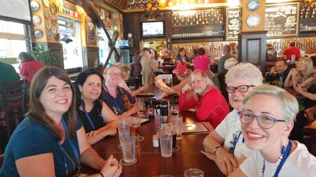 At the Flying Saucer Pub, from front Left: Allison Mulder, writing friend of Kate, Kat Hooper, Kelly Lassiter, Bill Capossere, Marion Deeds, Kate Lechler.