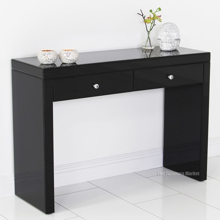 Black Glass 2 Drawer Dressing Table Hall Console Mirrored