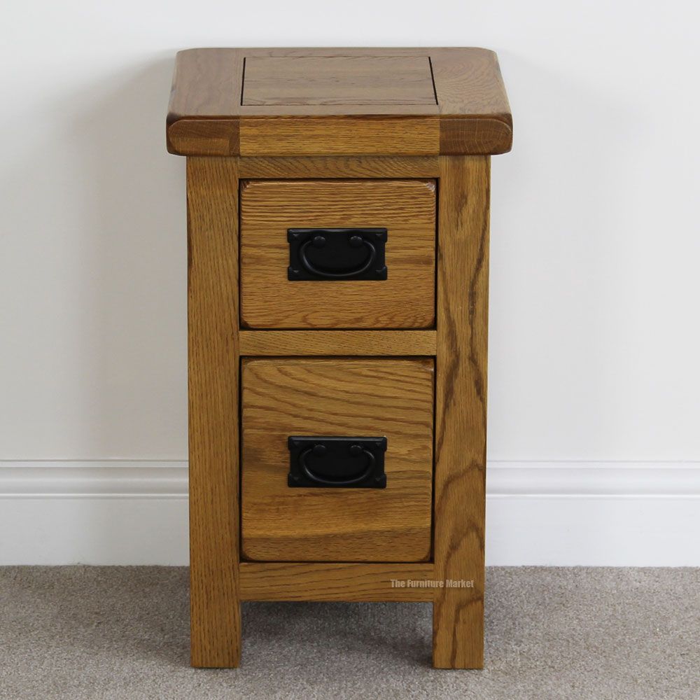 Rustic Oak 2 Drawer Slim Bedside Table Solid Bedroom Furniture Lamp