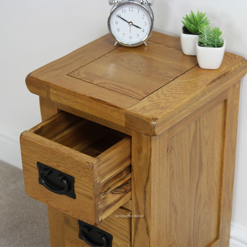 Rustic Oak 2 Drawer Slim Bedside Table Solid Bedroom Furniture Lamp