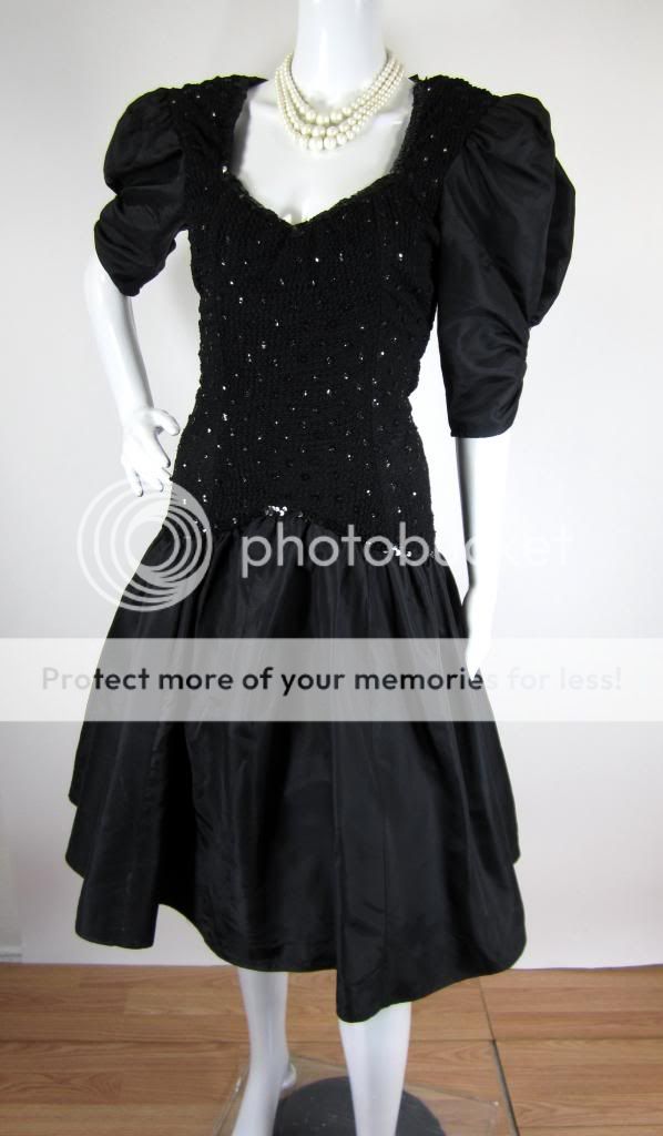 Vintage 1980s Black Sequin Keyhole Back Bow Punk Prom Party Dress s M