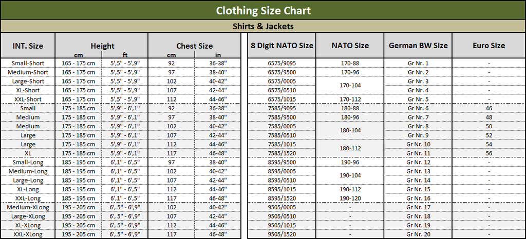 Military Uniform Size Chart